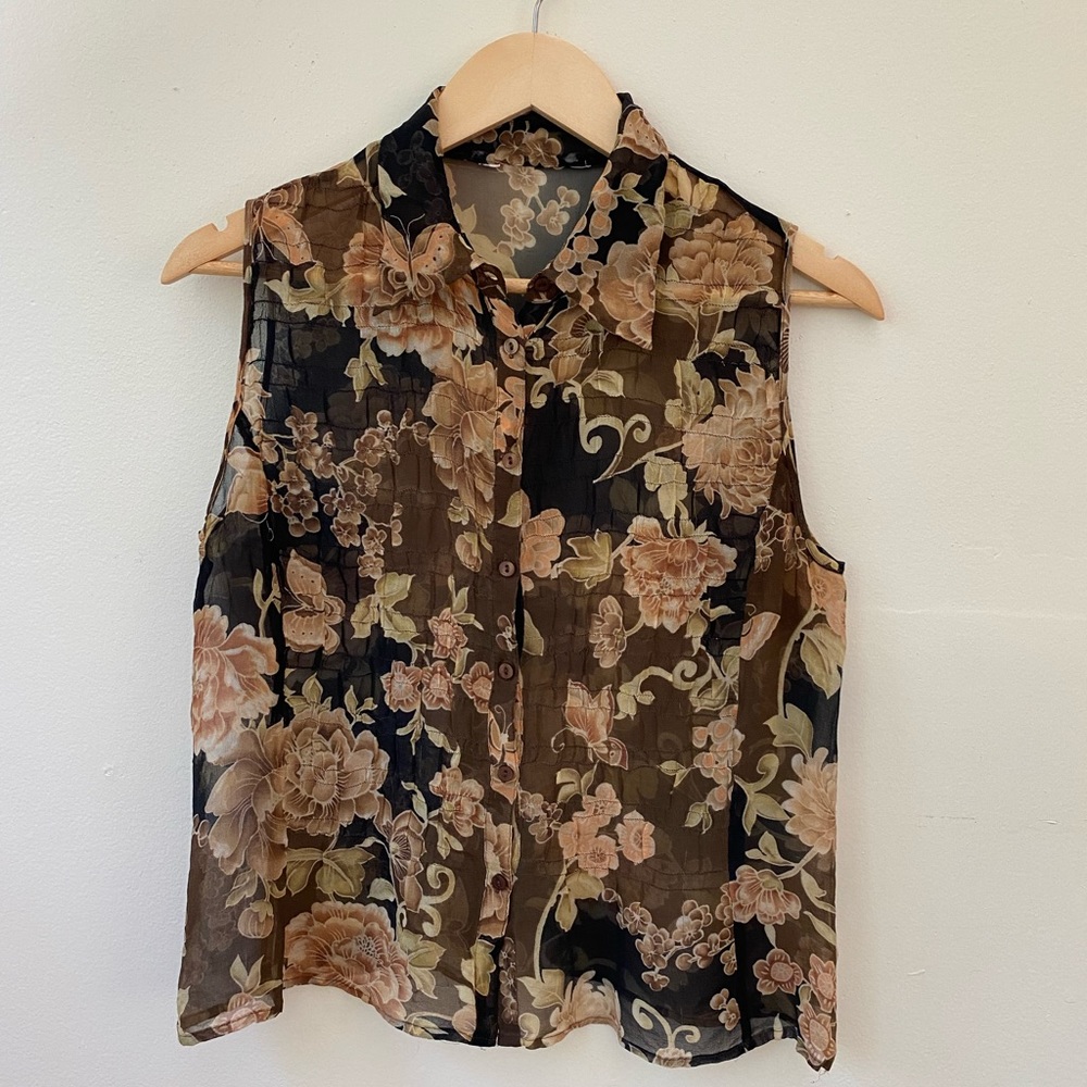 Vintage Floral Silk Button Down Top